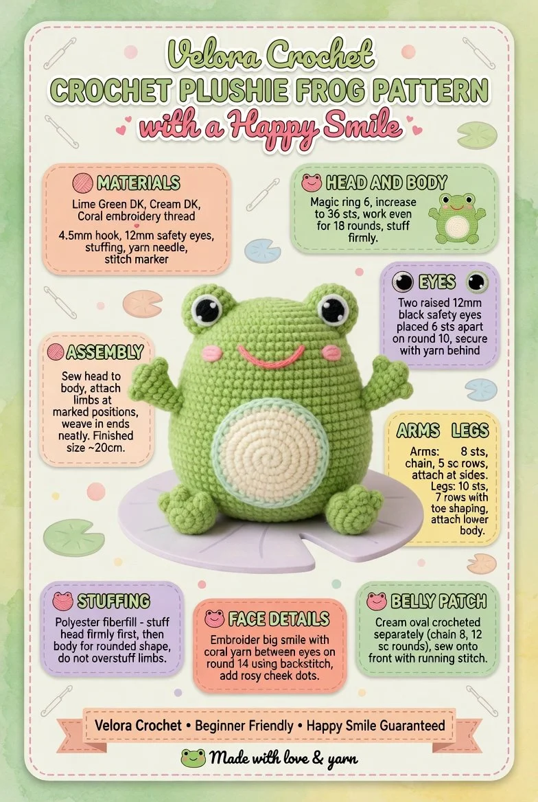 Crochet plushie frog pattern featuring a smiling green frog