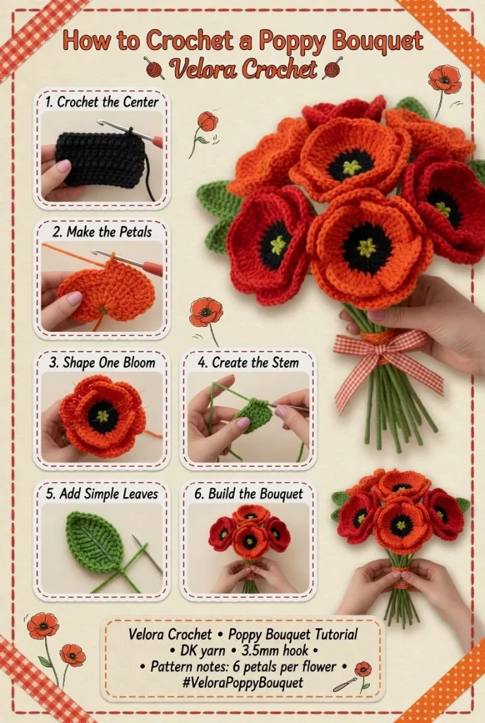 Crochet poppy bouquet with vibrant flowers in a stylish arrangement