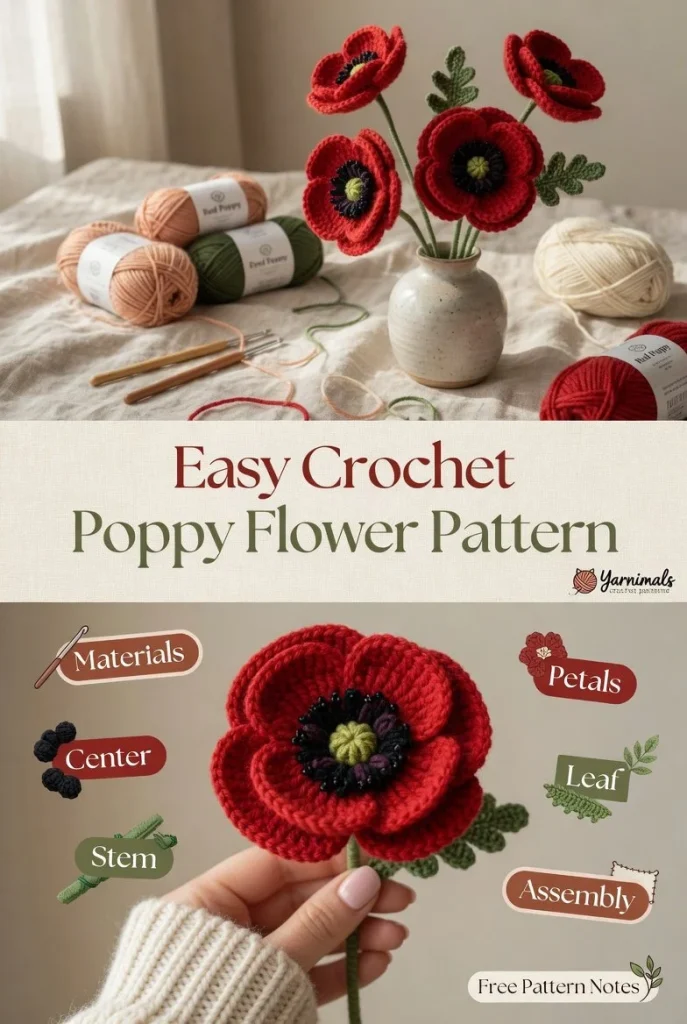 Beginner-friendly crochet poppy flower pattern tutorial