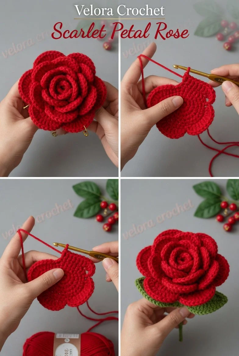 Easy crochet realistic red rose pattern for beautiful floral decor