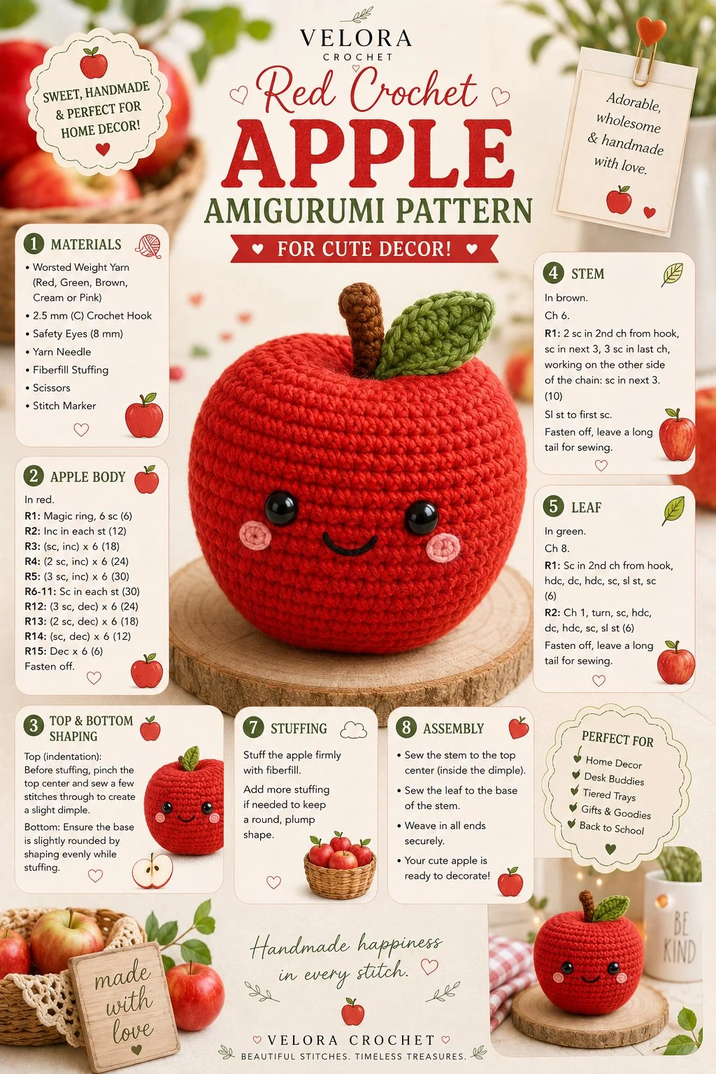 Easy crochet red apple amigurumi pattern for fun home decor