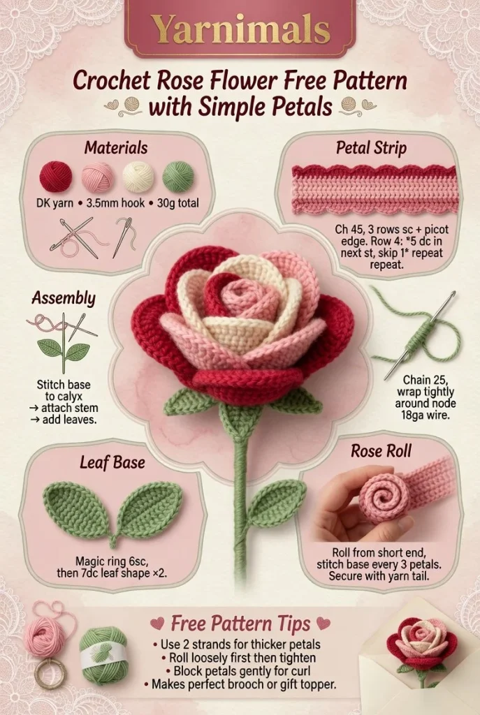 Easy crochet rose flower pattern with simple petals tutorial