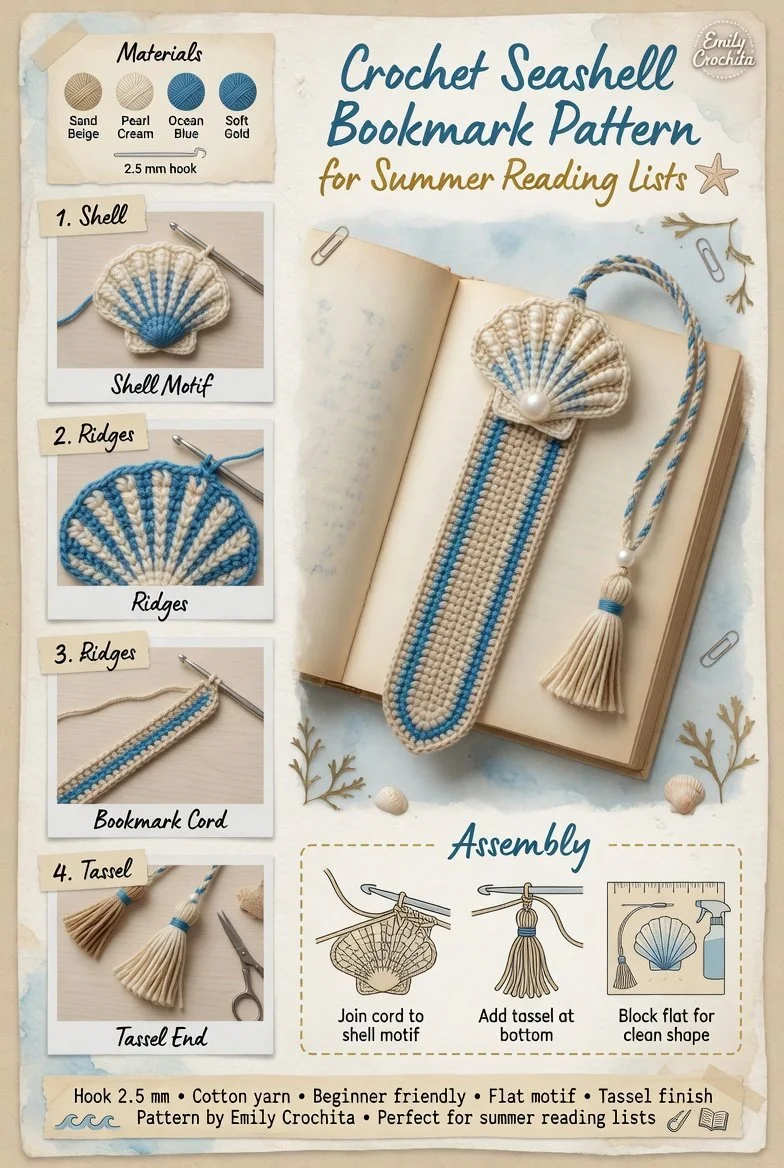 Easy crochet seashell bookmark pattern for summer reading