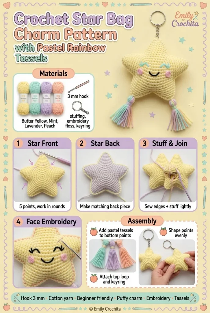 Easy crochet star bag charm with pastel rainbow tassels