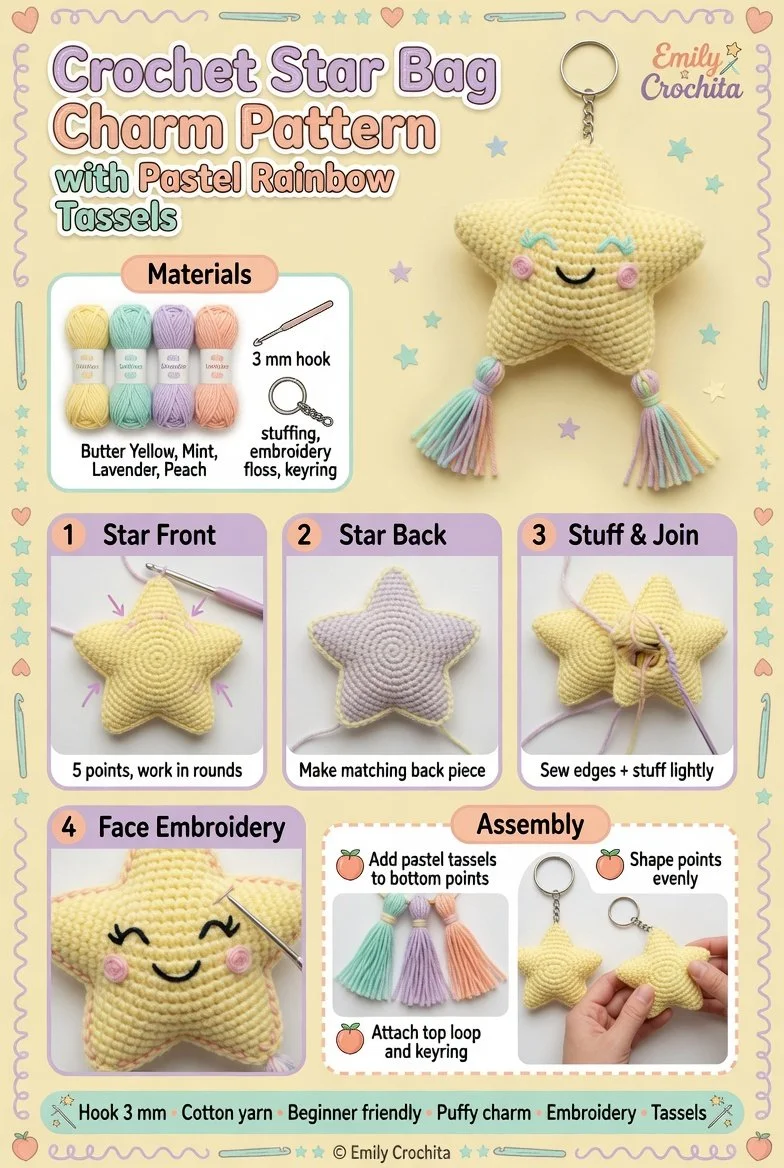 Easy crochet star bag charm with pastel rainbow tassels