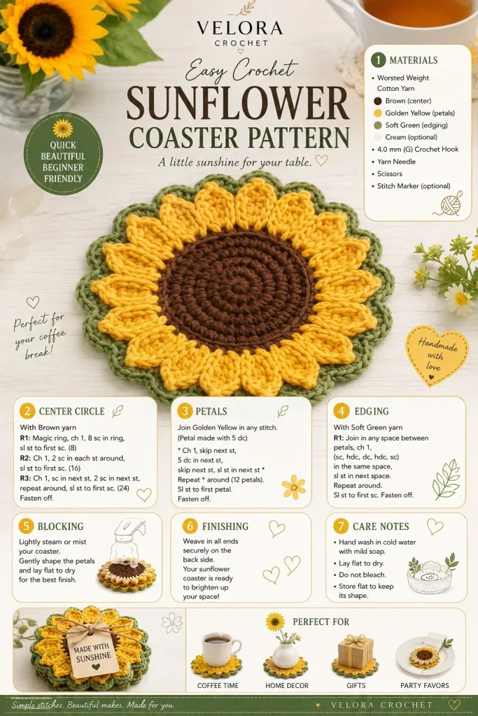 Easy crochet sunflower coaster pattern for beginners