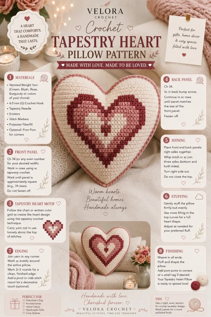 Easy crochet tapestry heart pillow pattern for beginners in soft yarn