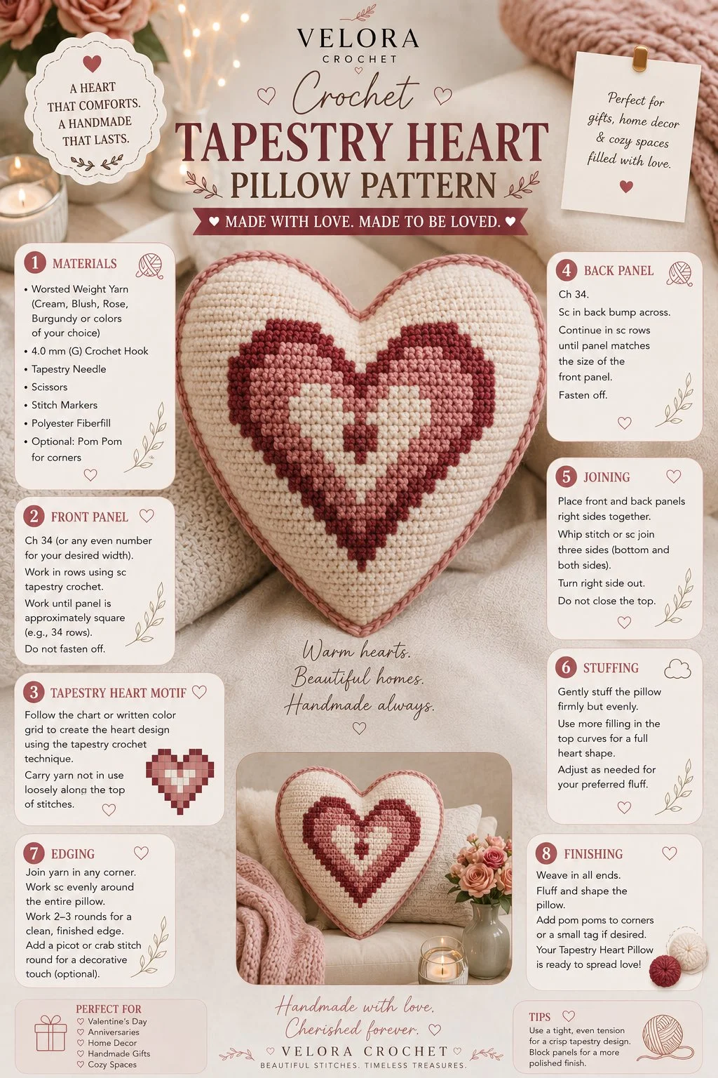 Easy crochet tapestry heart pillow pattern for beginners in soft yarn