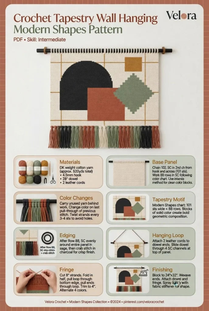 Easy crochet tapestry wall hanging pattern with modern shapes