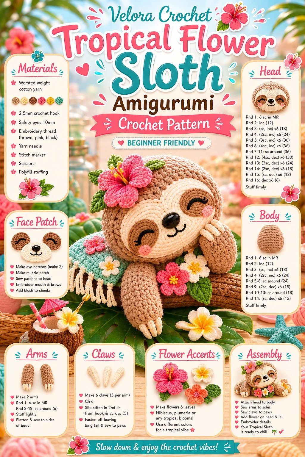 Easy crochet pattern for tropical flower sloth amigurumi for beginners