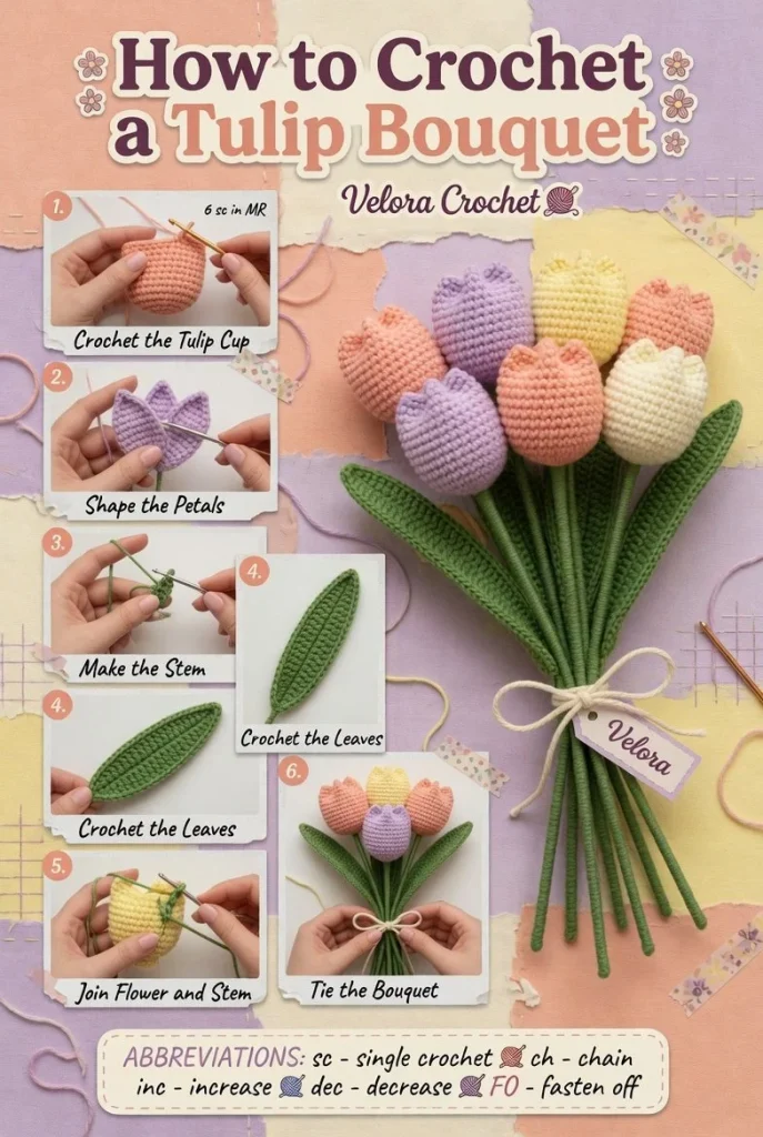 Crochet tulip bouquet pattern in soft spring and summer colors