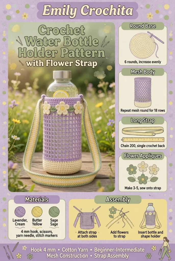 Easy crochet water bottle holder pattern with flower strap