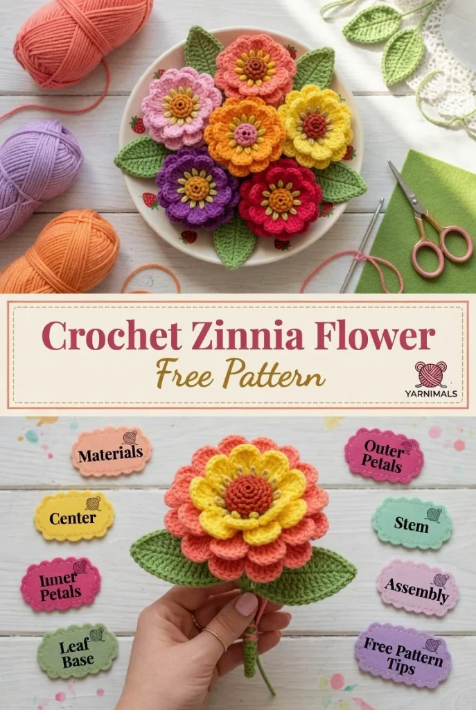 Easy crochet zinnia flower pattern for beginners in vibrant colors.
