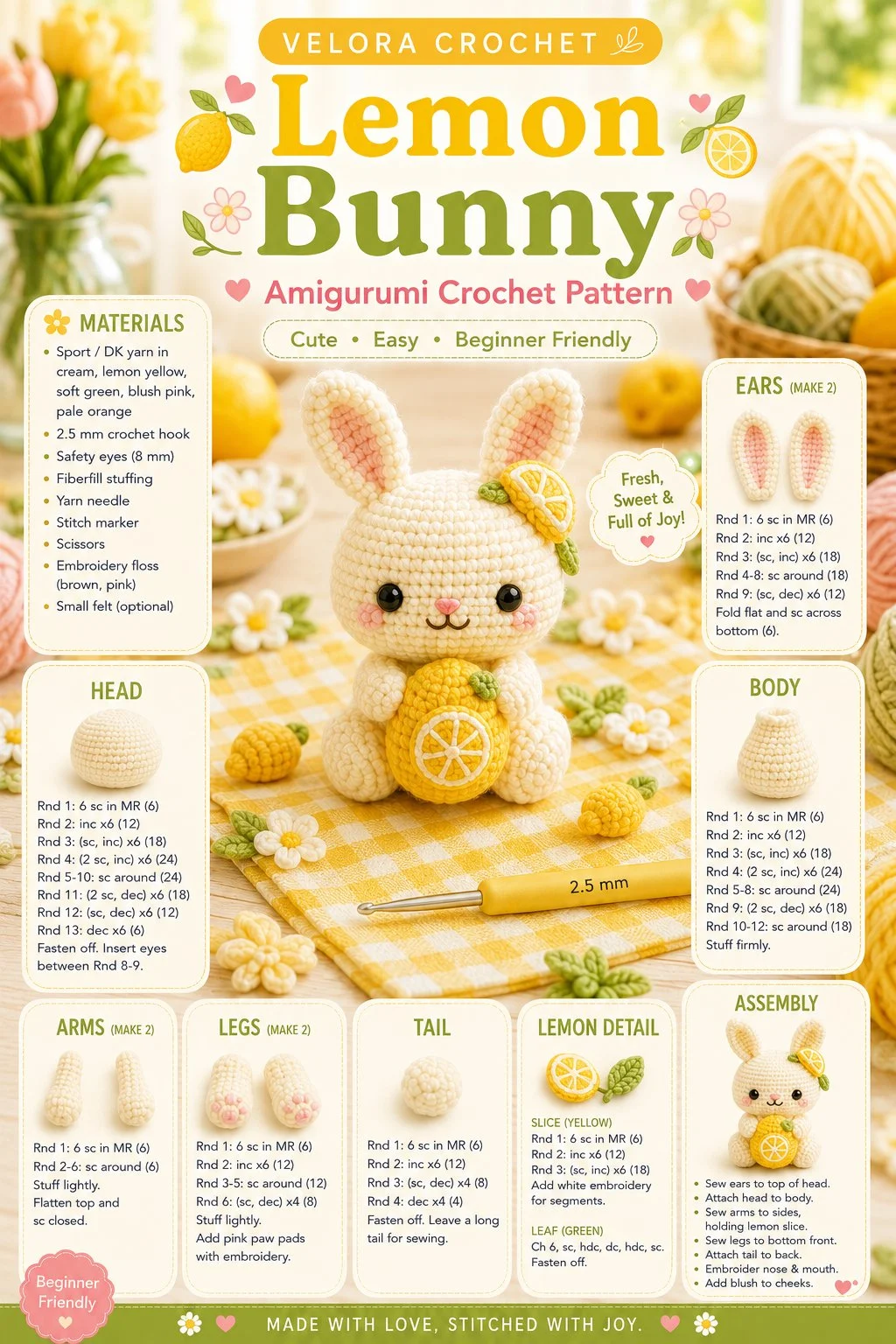 Easy Lemon Bunny amigurumi crochet pattern for beginners