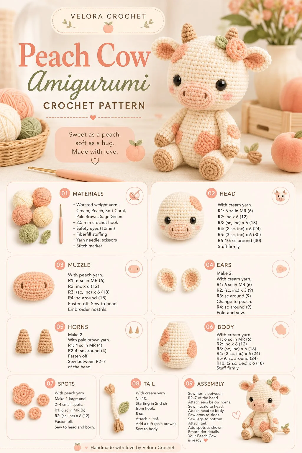 Crocheted Peach Cow Amigurumi pattern for beginners.