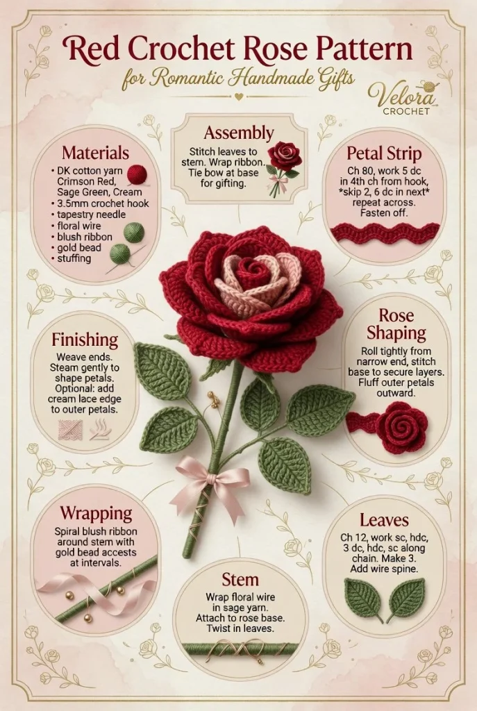 Easy red crochet rose pattern for romantic handmade gifts