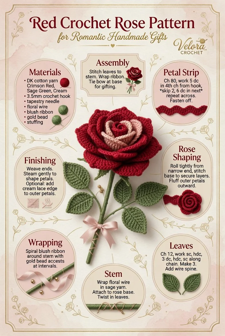 Easy red crochet rose pattern for romantic handmade gifts