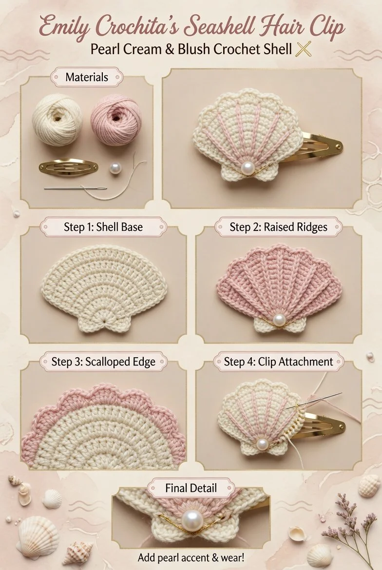 Easy seashell crochet hair clip for summer hairstyles