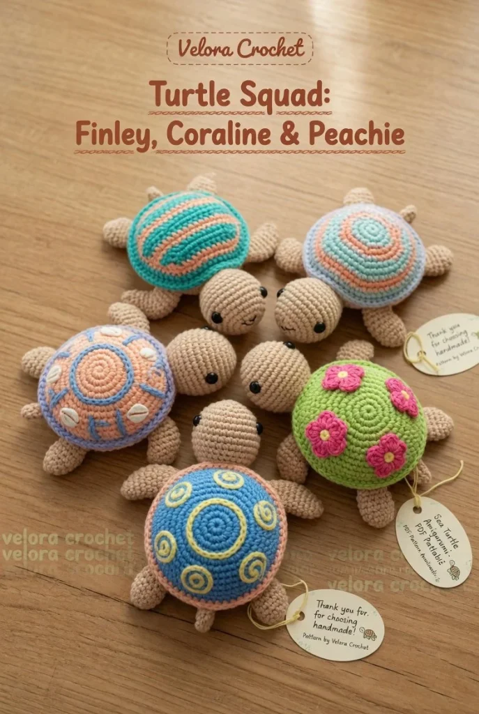 Flower Shell Sea Turtle amigurumi crochet pattern set with vibrant colors