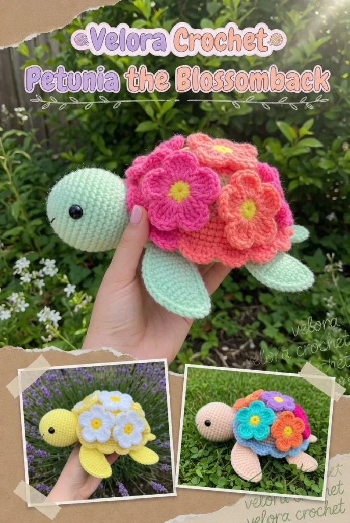 Flower Shell Turtle Plush Crochet Pattern using chenille yarn