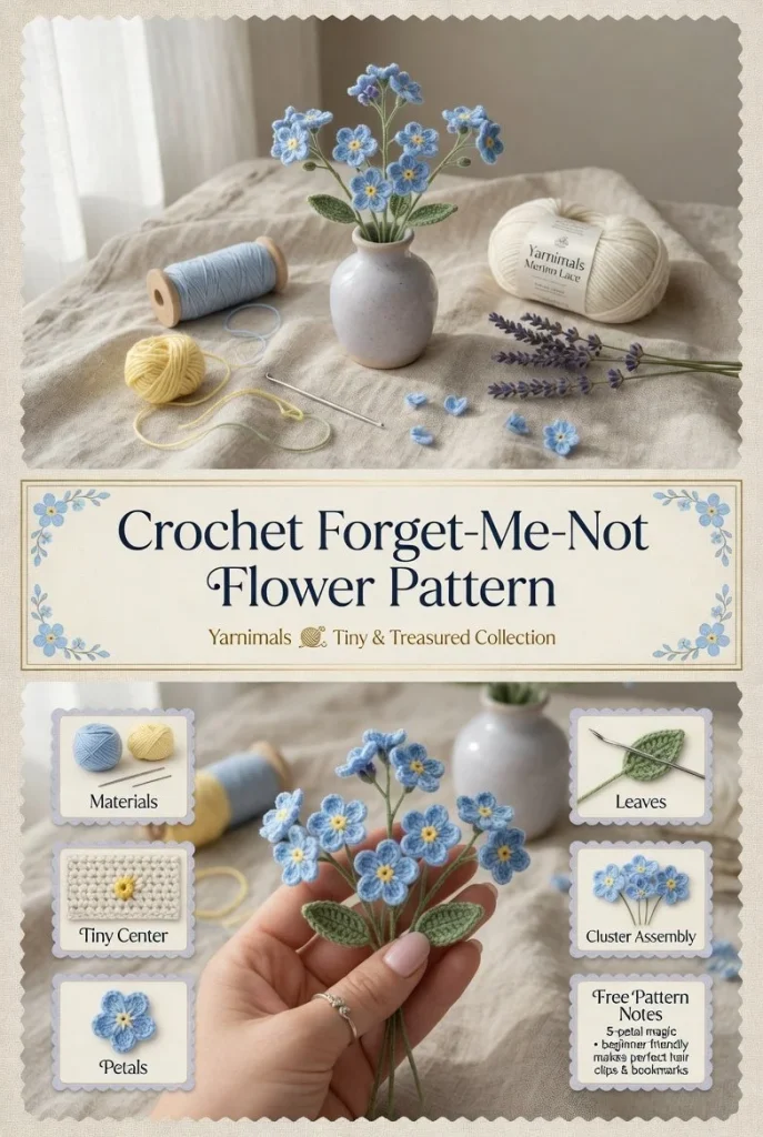 Forget-Me-Not flower crochet pattern for beginners with step-by-step instructions.