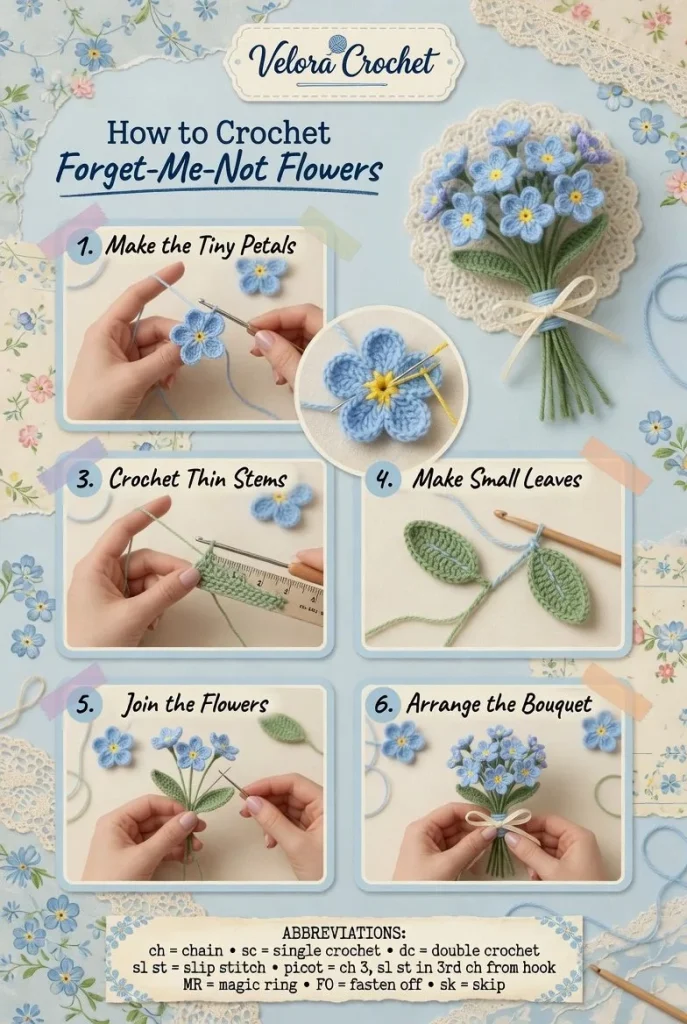Forget-Me-Not Flowers crochet pattern for delicate bouquets, free download