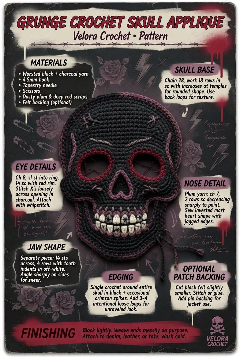 Grunge crochet skull applique pattern for DIY projects