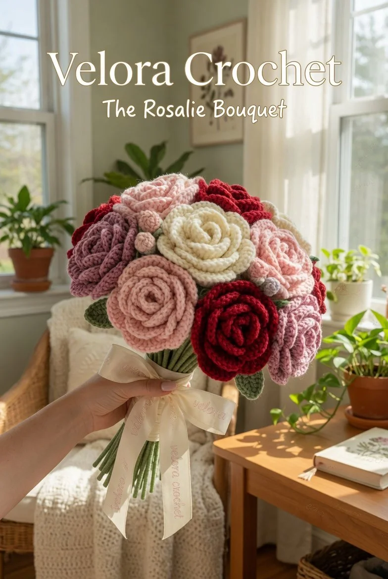 Handmade crochet rose bouquet pattern featuring vintage colors.