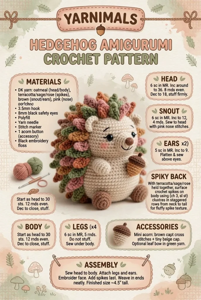 Crocheted hedgehog amigurumi plush toy in natural colors
