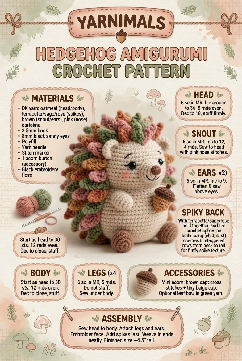 Crocheted hedgehog amigurumi plush toy in natural colors