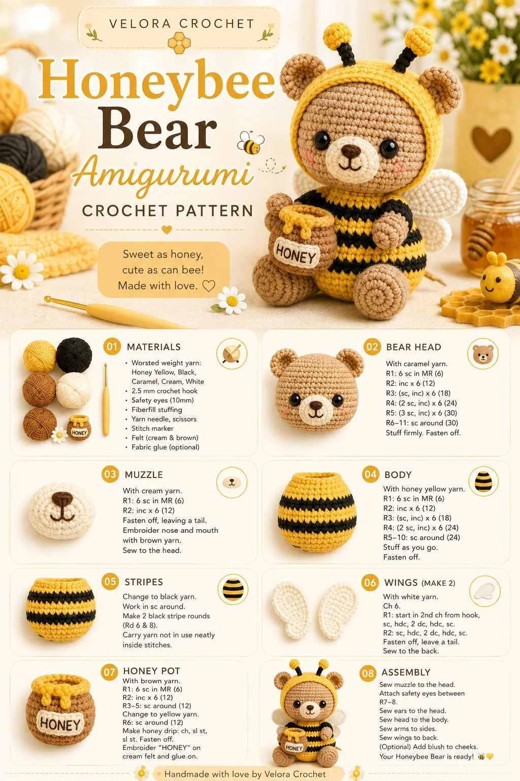 Honeybee Bear Amigurumi crochet pattern with vibrant colors and cute design.