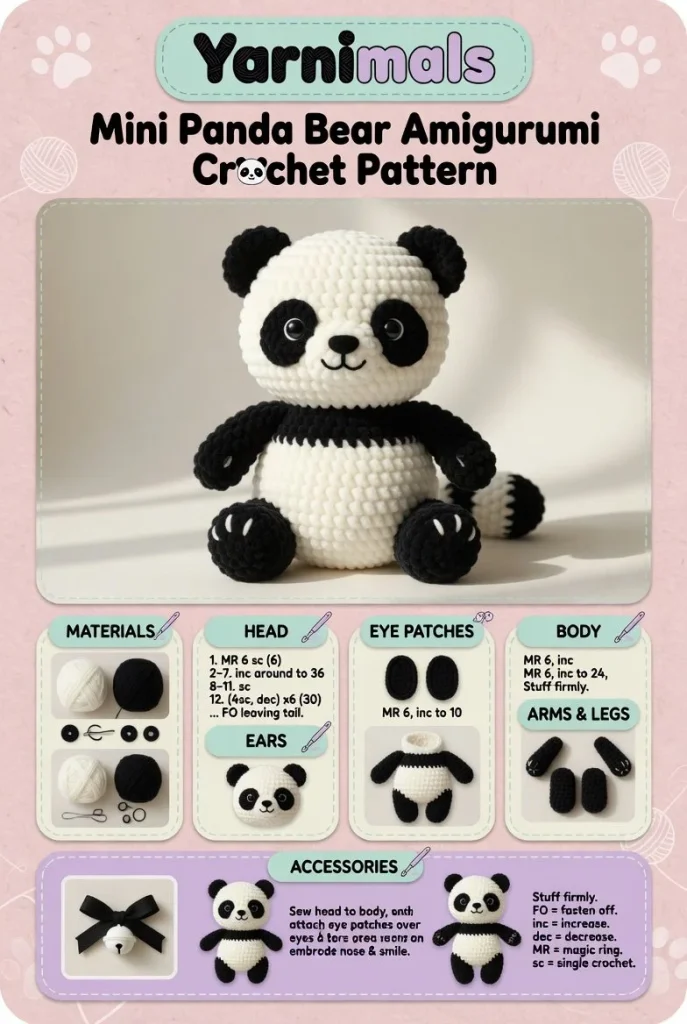 Crocheted mini panda bear amigurumi pattern with simple instructions