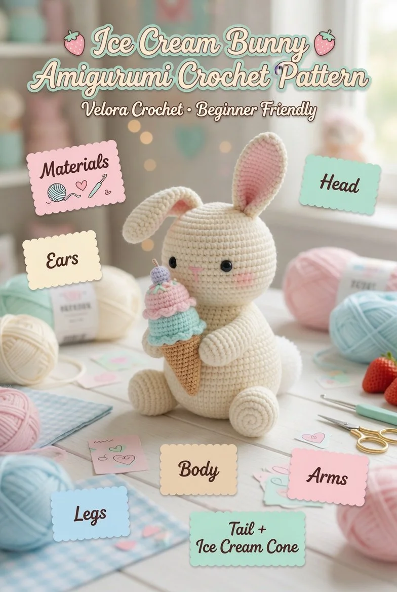 Ice Cream Bunny amigurumi crochet pattern for adorable handmade toy