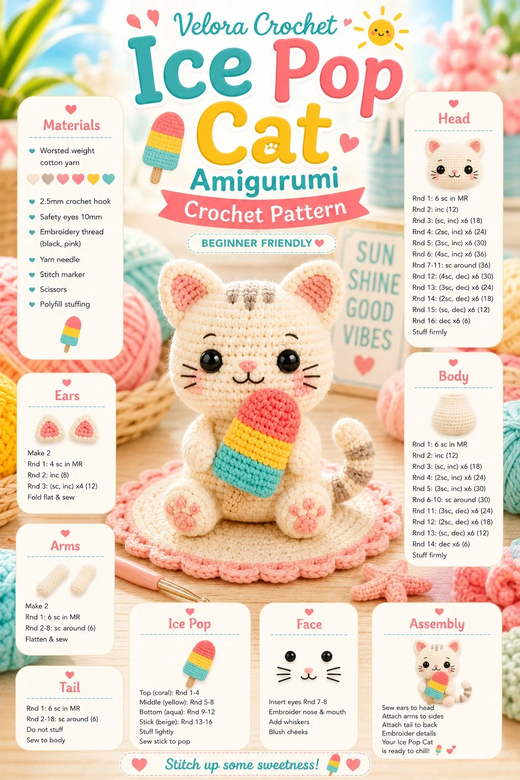 Amigurumi Crochet pattern of an adorable Ice Pop Cat toy.