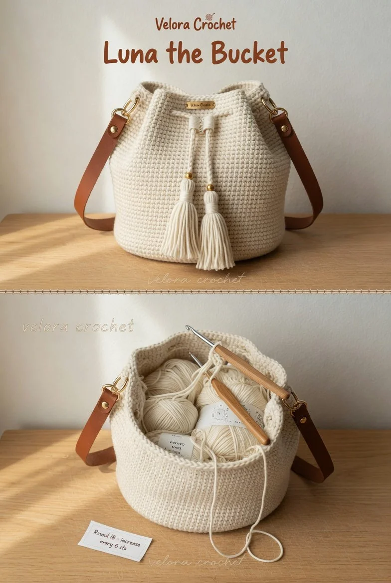 Ivory drawstring bucket bag crochet pattern with leather straps