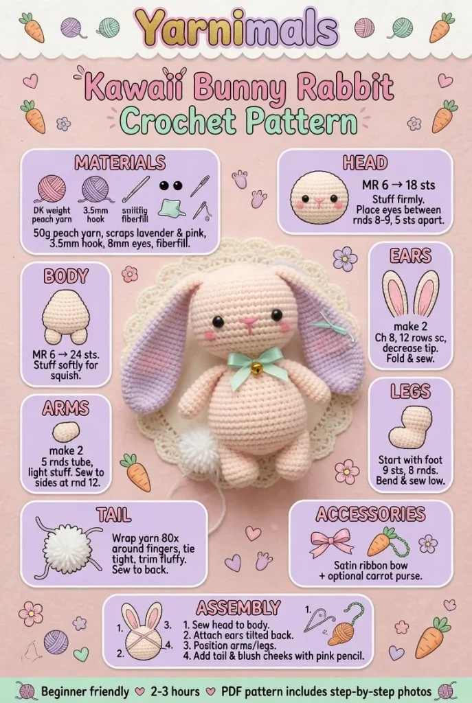 Kawaii bunny rabbit crochet amigurumi toy pattern for beginners.