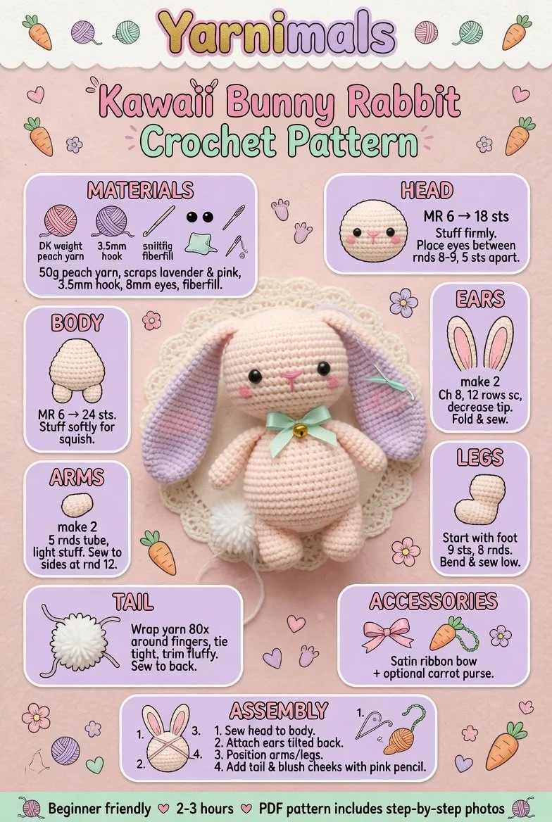 Kawaii bunny rabbit crochet amigurumi toy pattern for beginners.