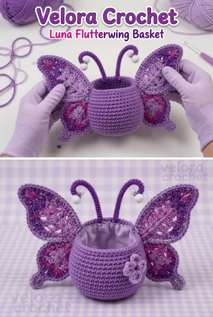 Crochet Lavender Butterfly Basket with lace wing detail tutorial