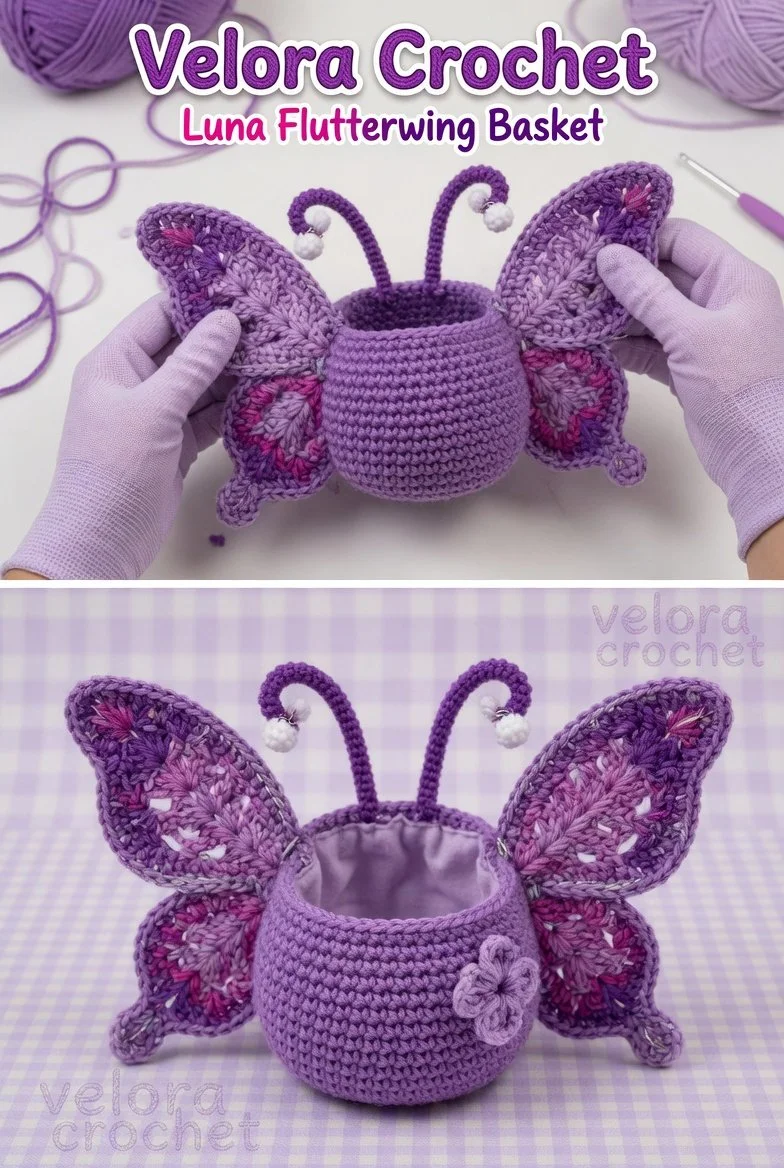 Crochet Lavender Butterfly Basket with lace wing detail tutorial