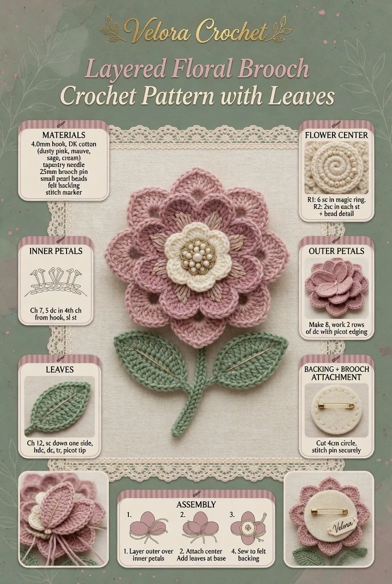Layered floral brooch crochet pattern with leaves in vibrant colors.