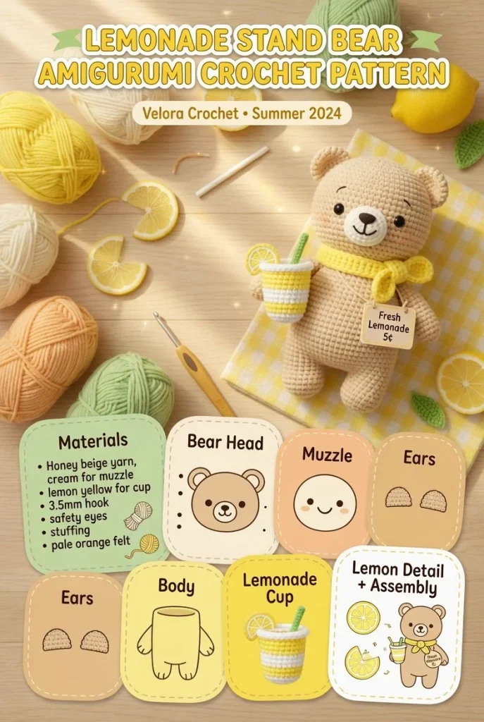 Lemonade Stand Bear Amigurumi crochet pattern for creating cute stuffed toys.