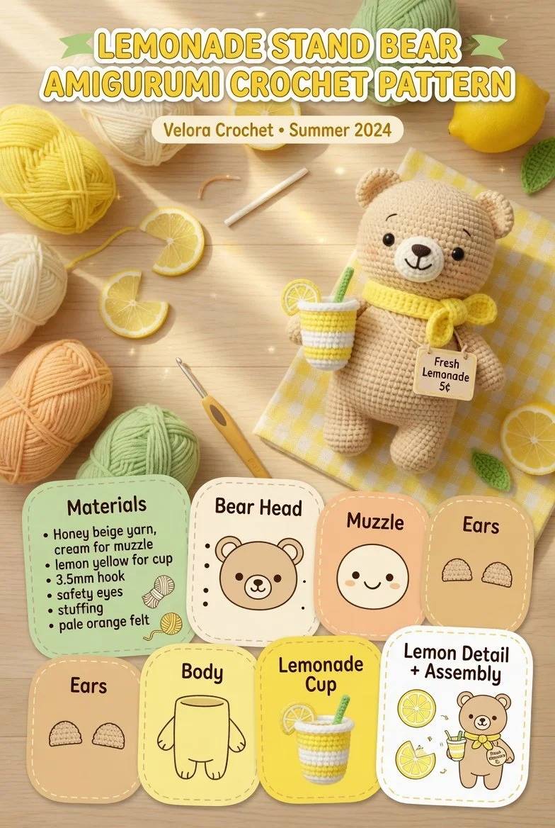 Lemonade Stand Bear Amigurumi crochet pattern for creating cute stuffed toys.