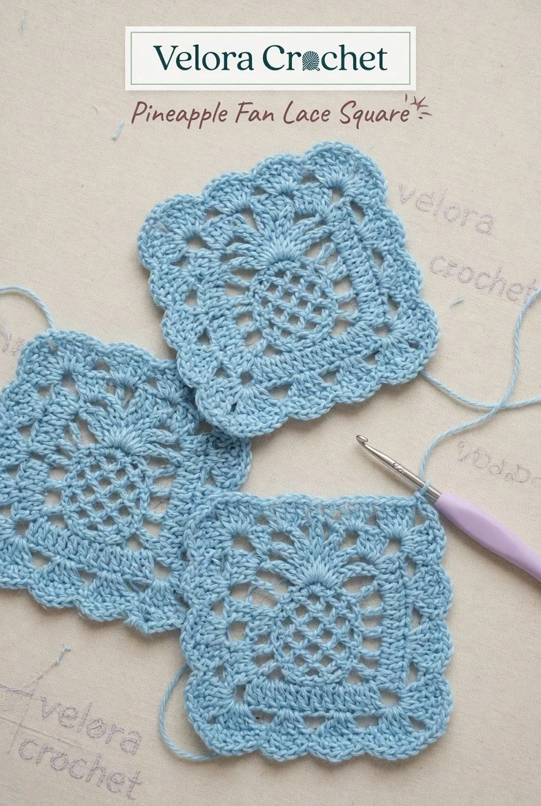 Beginner-friendly light blue pineapple lace crochet square pattern tutorial