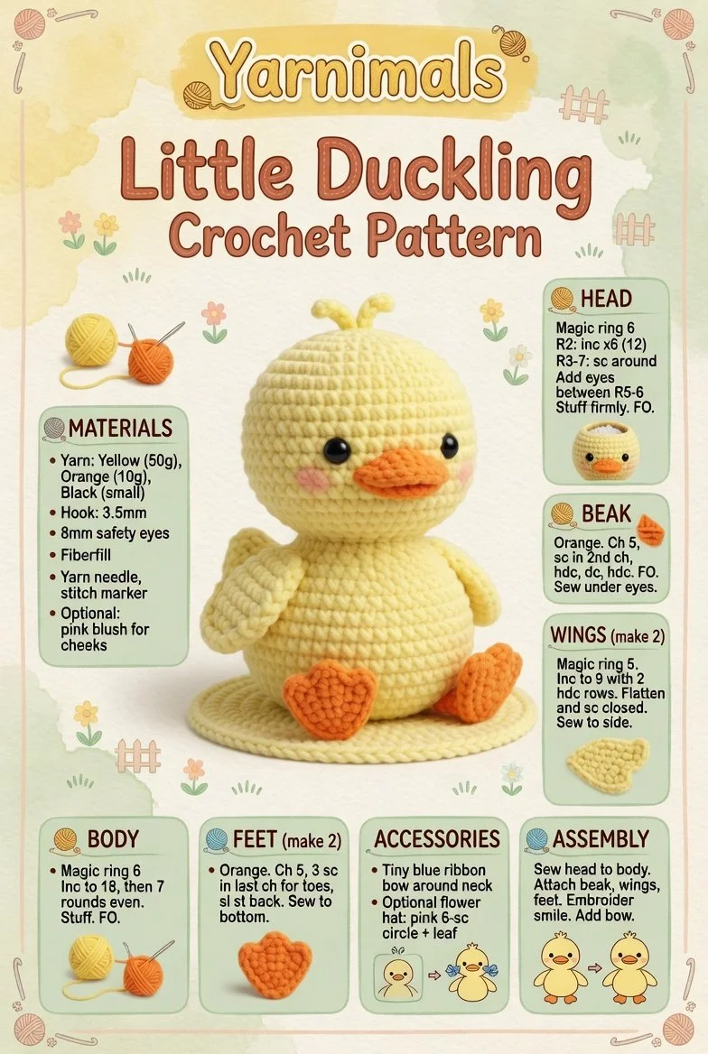 Little duckling amigurumi toy crochet pattern for beginners