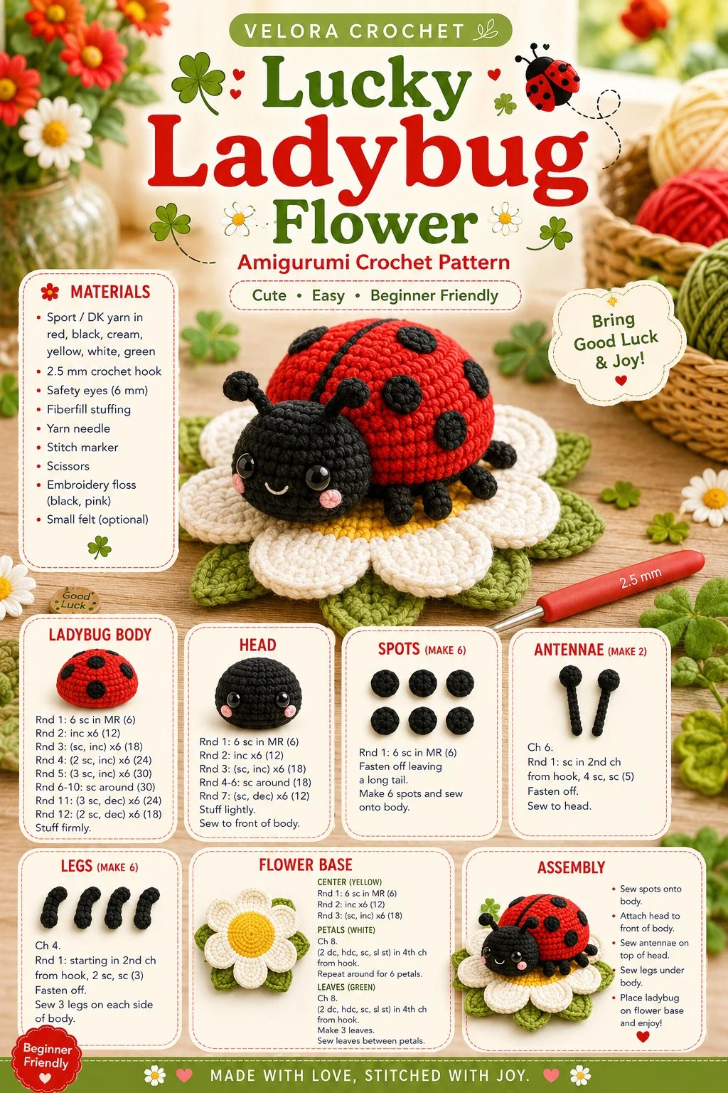 Lucky Ladybug Flower amigurumi crochet pattern for beginners and experts.