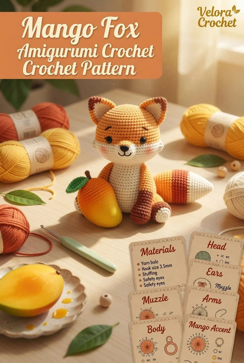Mango Fox Amigurumi Crochet Pattern featuring vibrant colors and cute design.