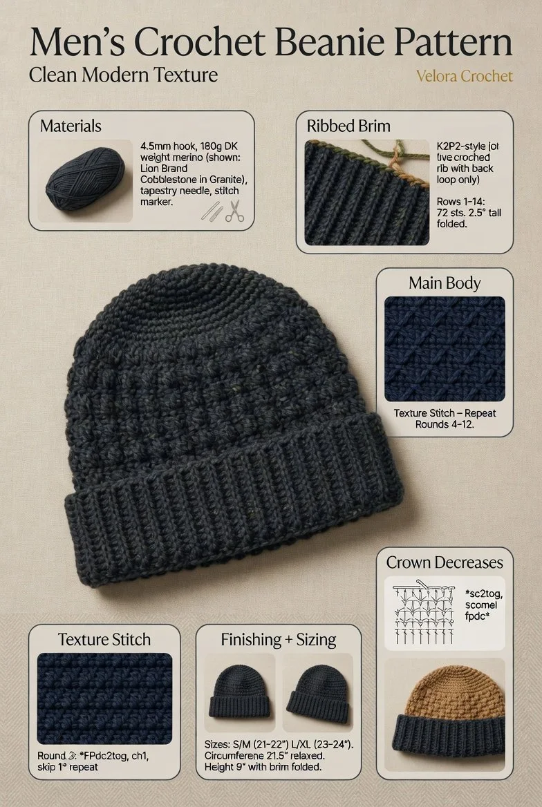 Men's crochet beanie pattern with modern texture design for stylish knitwear