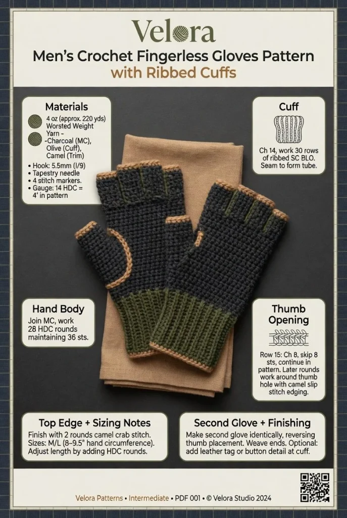 Men's crochet fingerless gloves pattern with ribbed cuffs
