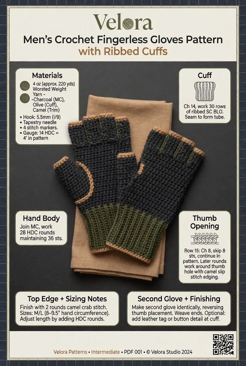 Men's crochet fingerless gloves pattern with ribbed cuffs