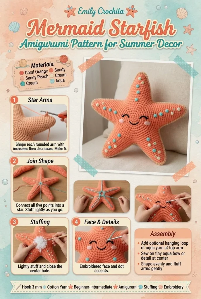 Mermaid Crochet Starfish Amigurumi Pattern for summer home decor